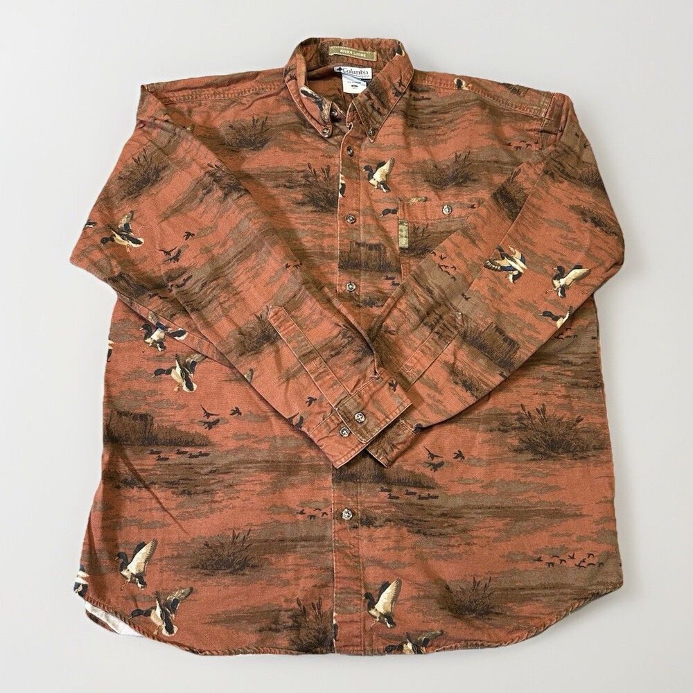 Columbia River Lodge XL Shirt Flying Ducks Hunting Scene – Burnt Orange Outdoors